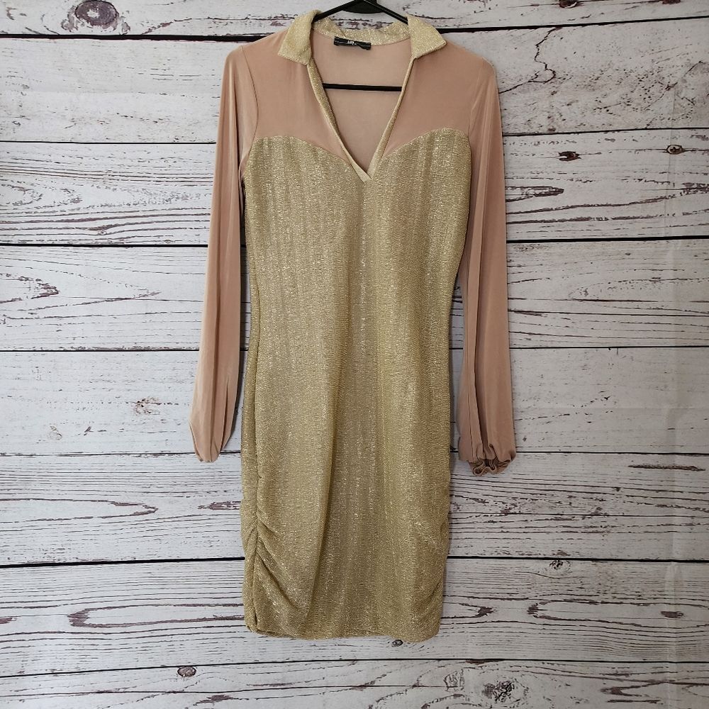 Lux La Lurex Mesh Contrast Mini Dress - Gold/Nude - Large NWOT